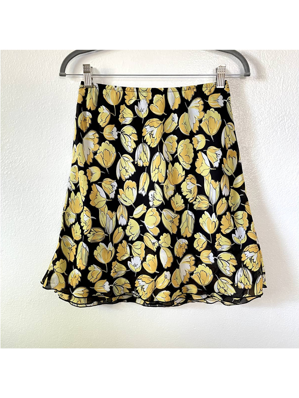 Vintage Y2K Yellow Black Floral Tulip Mini Skirt Womens Small Whimsygoth Girly